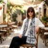 Echarpe indiana algodão com viscose dupla face estampa floral com preto e branco