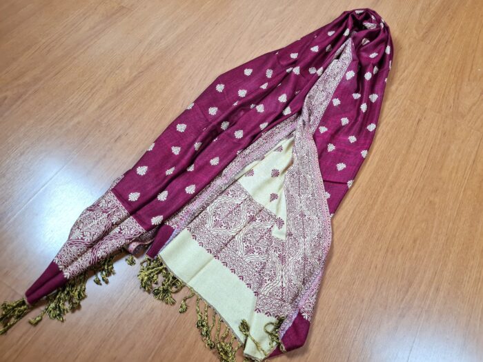 Echarpe indiana algodão com viscose dupla face creme e vinho