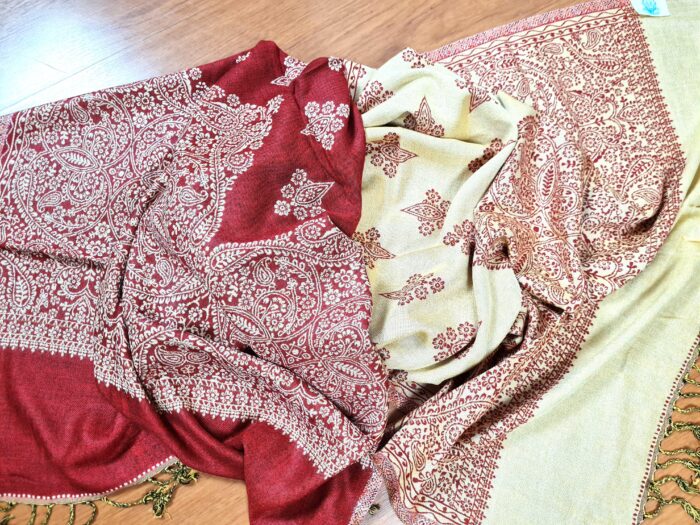 Echarpe indiana algodão viscose dupla face com arabescos creme e terracota