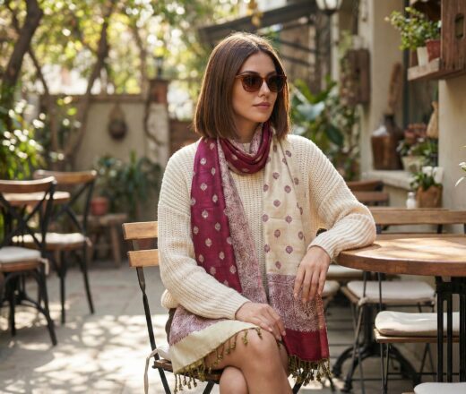 Echarpe indiana algodão com viscose dupla face creme e vinho