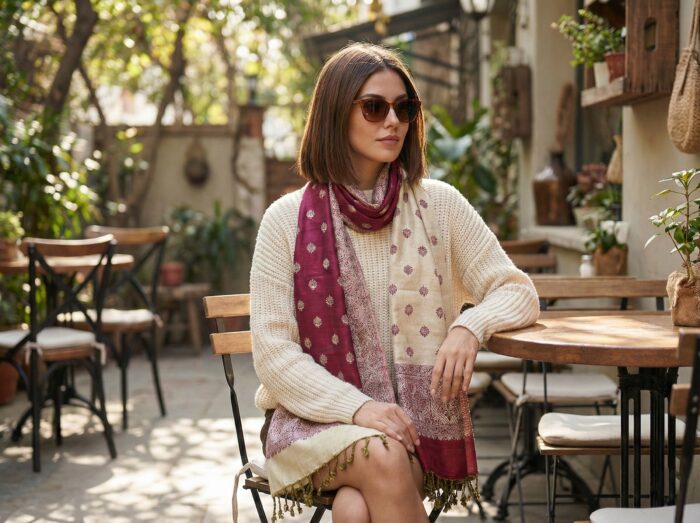 Echarpe indiana algodão com viscose dupla face creme e vinho