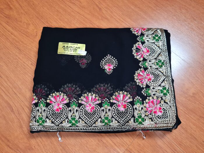 Sari indiano de crepe de seda preto rosa e dourado bordado