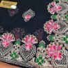 Sari indiano de crepe de seda preto rosa e dourado bordado