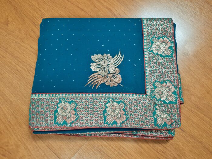 Sari indiano de seda floral barra Jacquard de paisleys verde e dourado