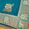 Sari indiano de seda floral barra Jacquard de paisleys verde e dourado