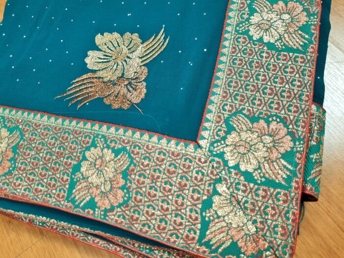 Sari indiano de seda floral barra Jacquard de paisleys verde e dourado
