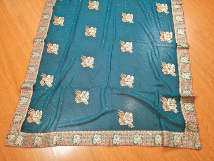 Sari indiano de seda floral barra Jacquard de paisleys verde e dourado
