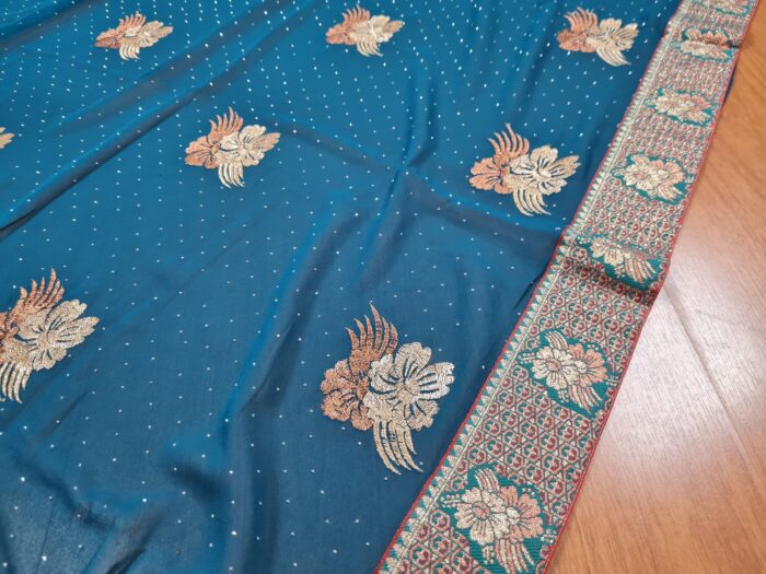 Sari indiano de seda floral barra Jacquard de paisleys verde e dourado
