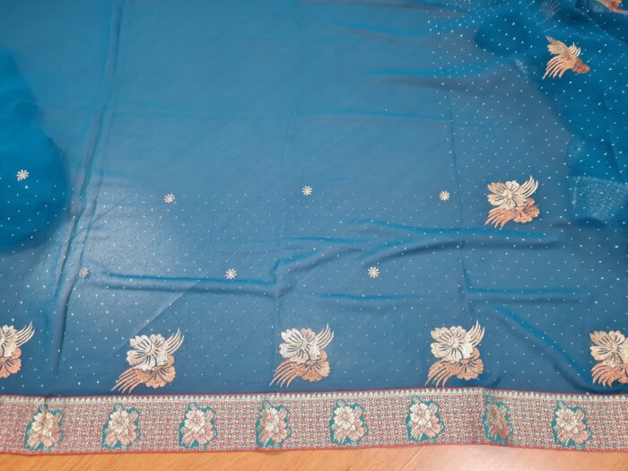 Sari indiano de seda floral barra Jacquard de paisleys verde e dourado