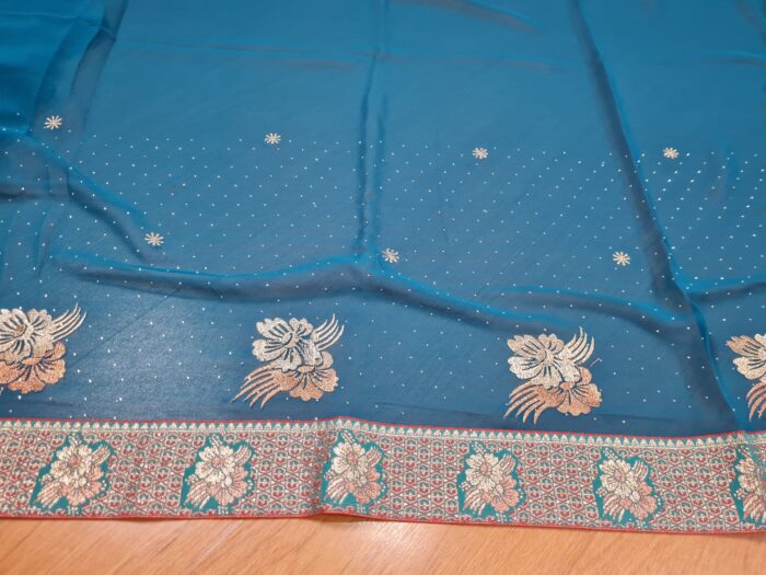 Sari indiano de seda floral barra Jacquard de paisleys verde e dourado