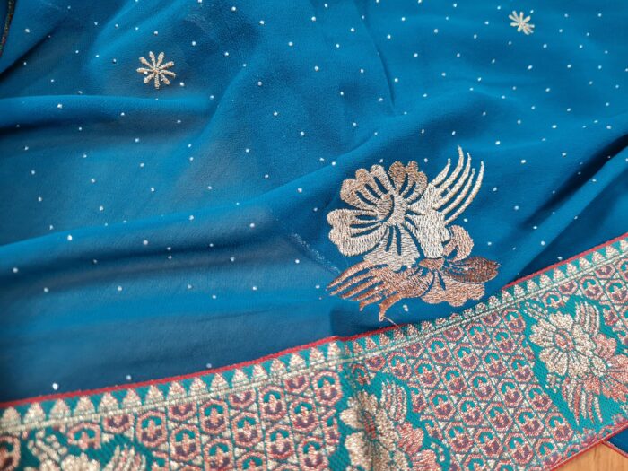 Sari indiano de seda floral barra Jacquard de paisleys verde e dourado