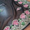 Sari indiano de crepe de seda preto rosa e dourado bordado