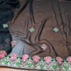 Sari indiano de crepe de seda preto rosa e dourado bordado