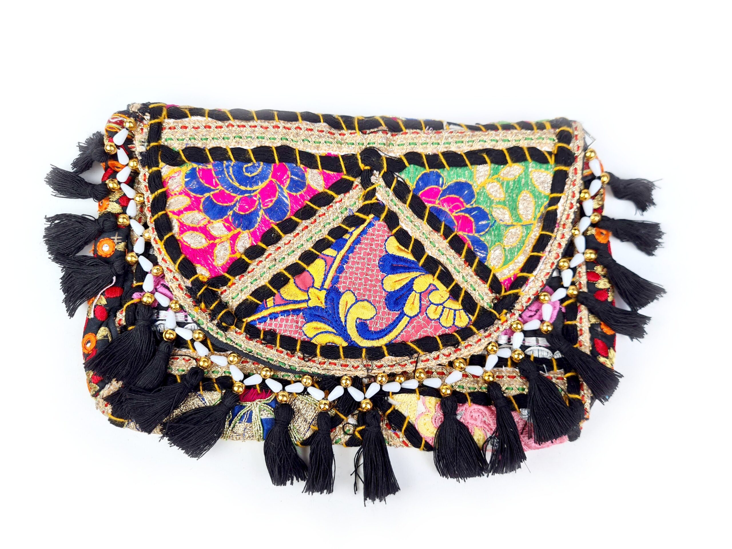 Bolsa indiana Banjara 100% bordada a mão preto e coloridos II