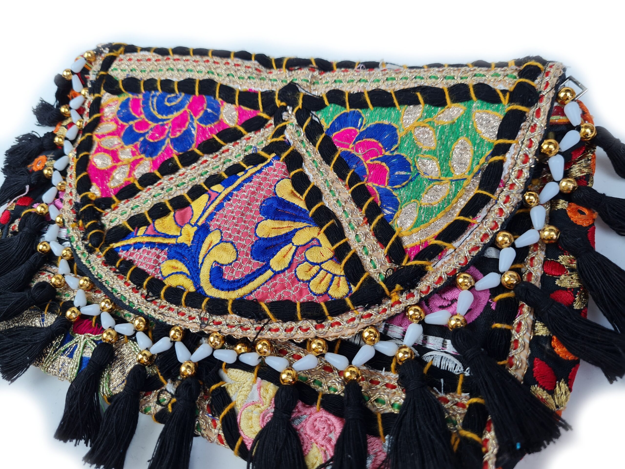 Bolsa indiana Banjara 100% bordada a mão preto e coloridos II