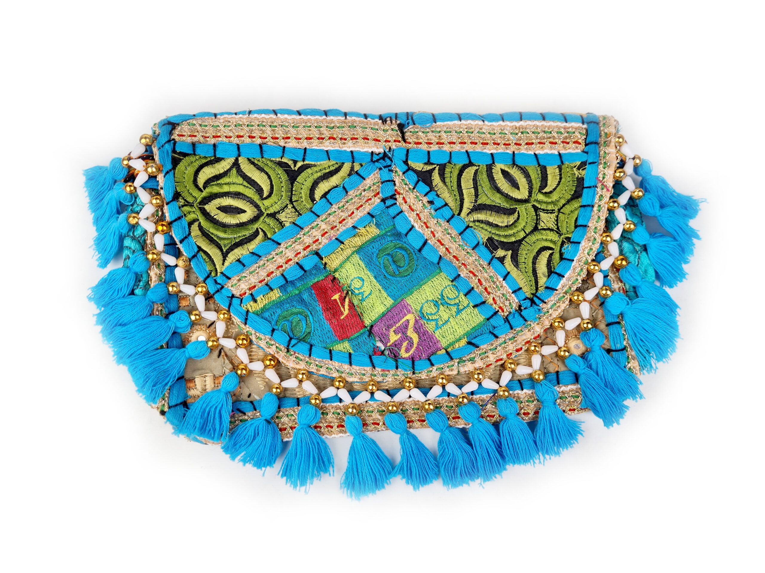 Bolsa indiana Banjara 100% bordada a mão azul claro e coloridos III