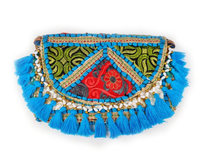 Bolsa indiana Banjara 100% bordada a mão azul claro e coloridos II