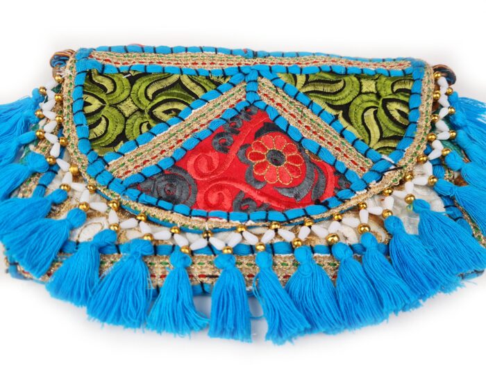 Bolsa indiana Banjara 100% bordada a mão azul claro e coloridos II
