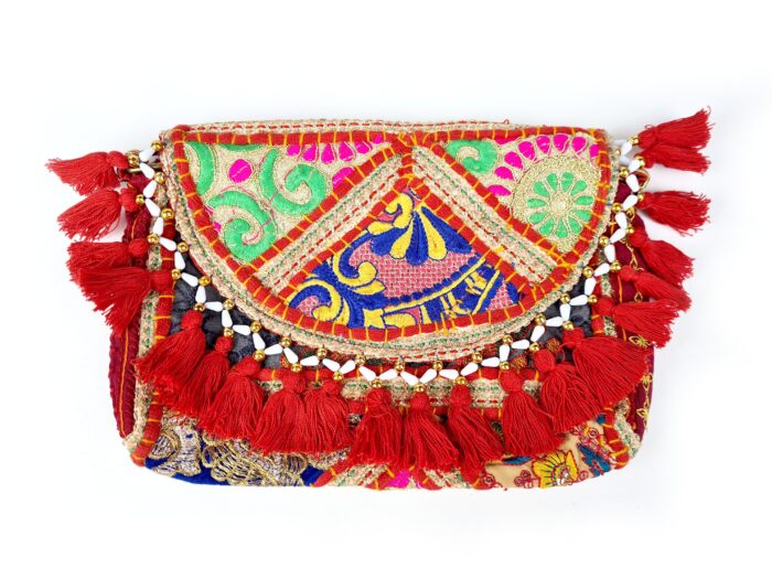 Bolsa indiana Banjara 100% bordada a mão vermelho e coloridos II