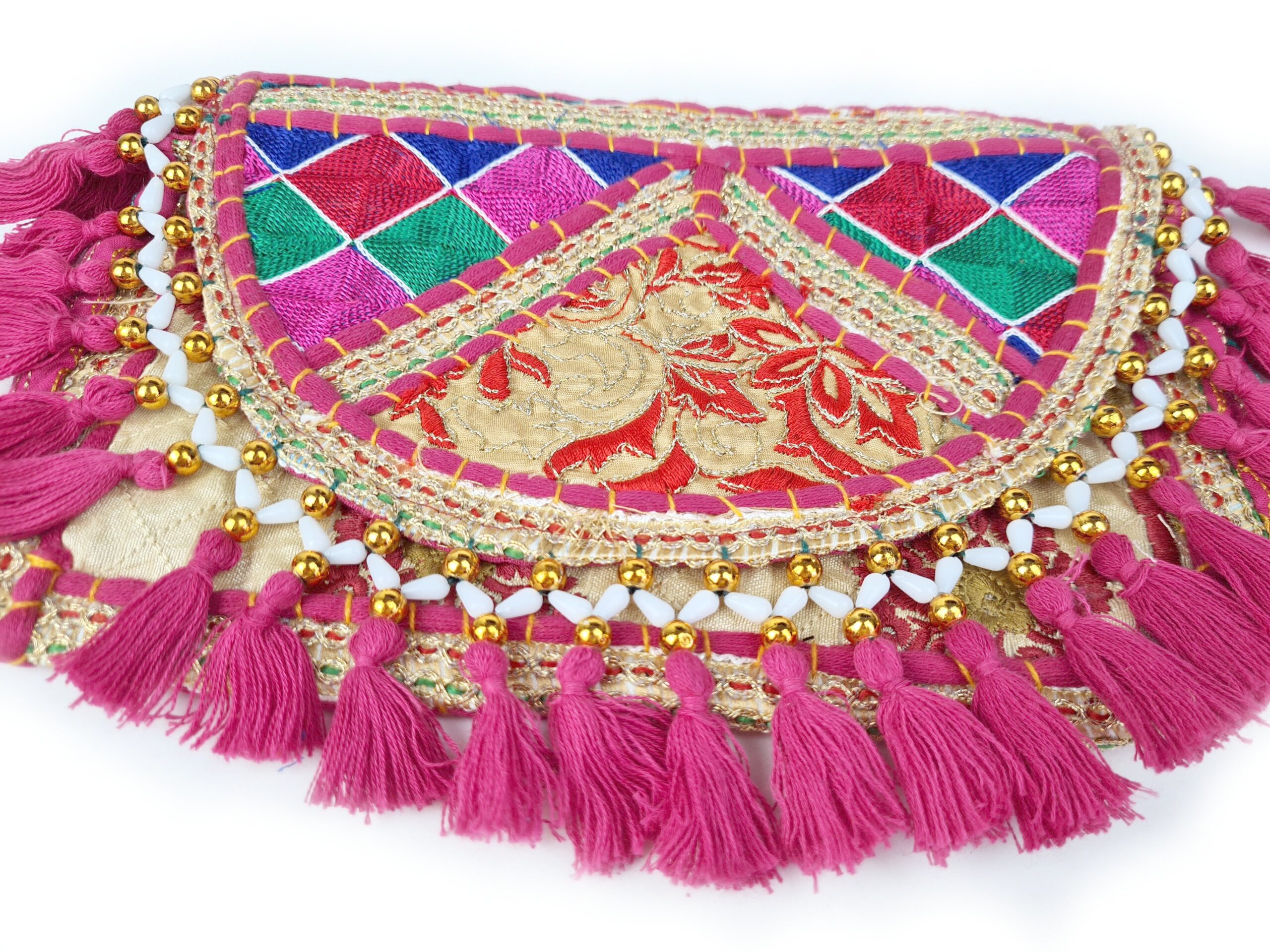 Bolsa indiana Banjara 100% bordada a mão rosa e coloridos II