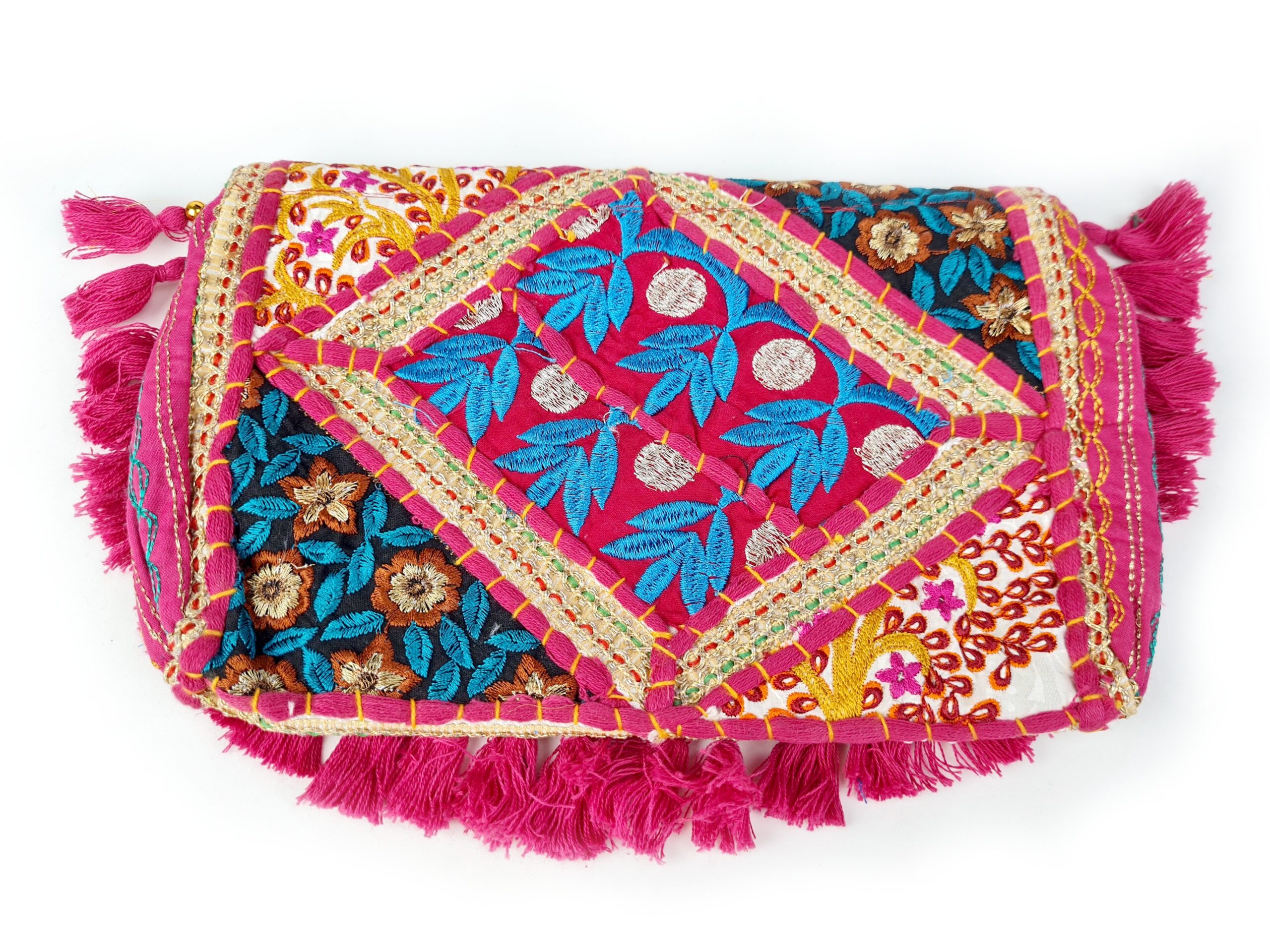Bolsa indiana Banjara 100% bordada a mão rosa e coloridos II