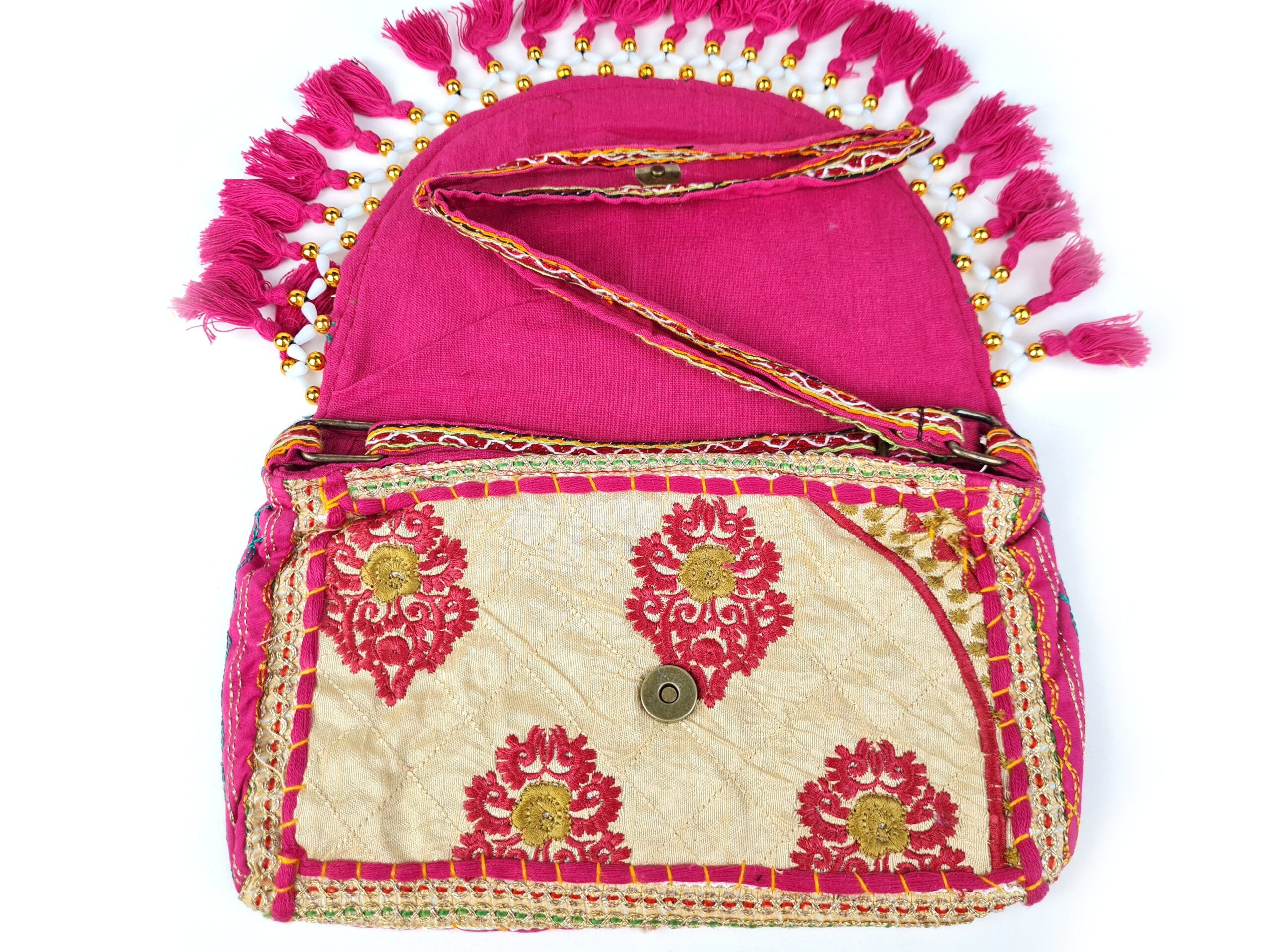 Bolsa indiana Banjara 100% bordada a mão rosa e coloridos II