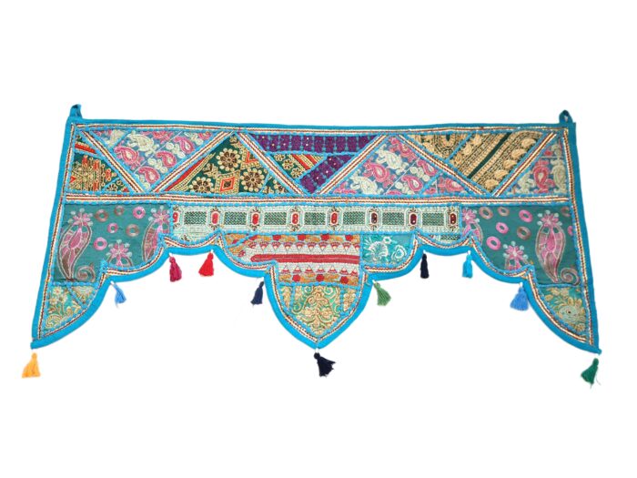 Bandô de porta indiano (Toran) 5 pontas bordado azul e color 45cm