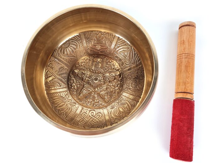 Tigela tibetana com 7 ligas dourada Buda e 8 símbolos auspiciosos 14cm