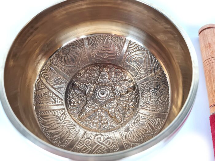 Tigela tibetana com 7 ligas dourada Buda e 8 símbolos auspiciosos 14cm
