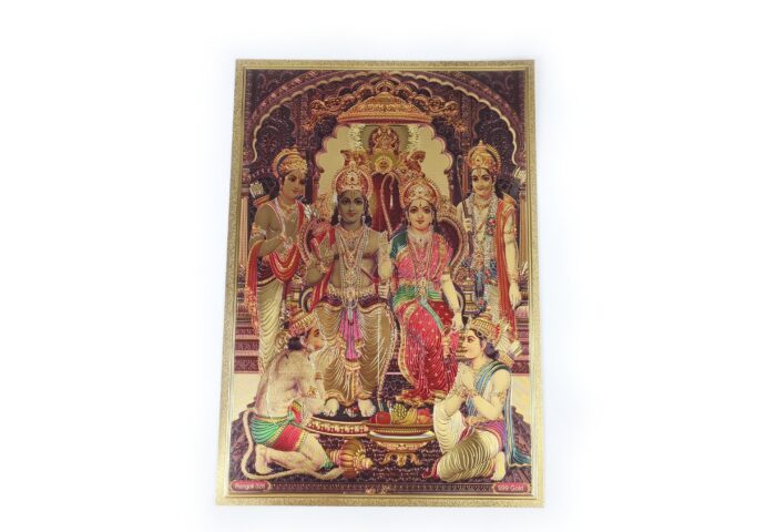 Folha laminada decorativa dourada estampa de Sita e Rama com Hanuman 30x21cm