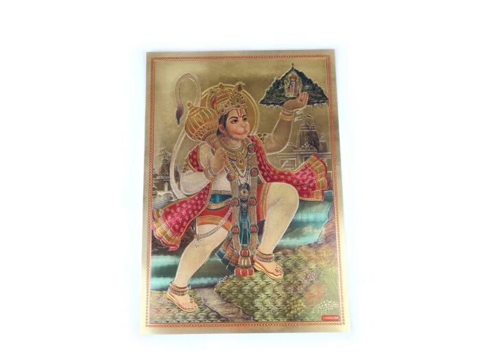 Folha laminada dourada para enquadrar Hanuman com o Monte Dronagiri