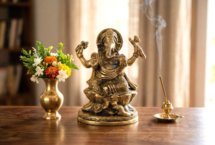 Estátua de Ganesha em Brass com Quatro braços 20cm