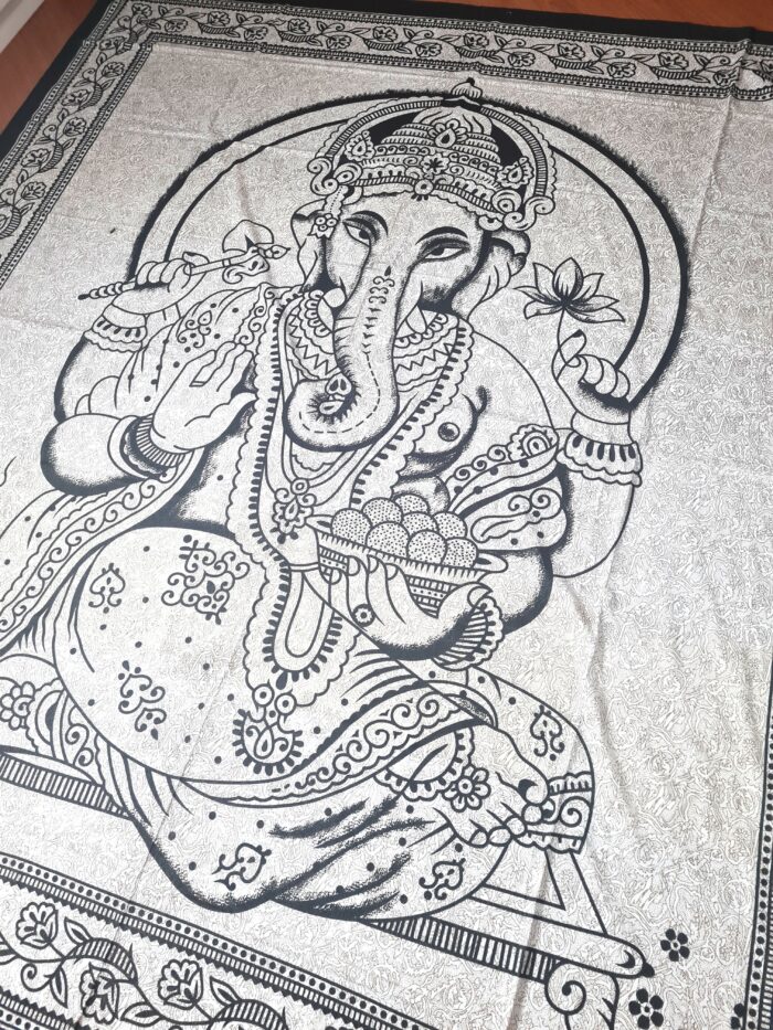 Colcha indiana ou painel de algodão de Ganesha creme e preto 2,40m