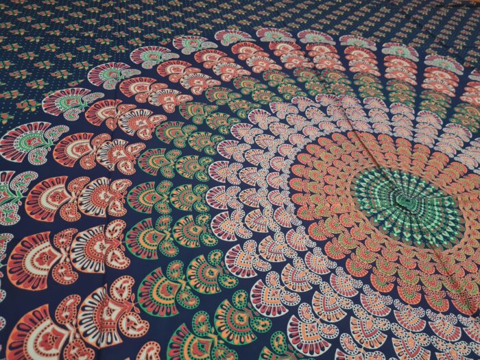 Panô indiano de algodão estampa de mandala marinho e laranja 2,40m