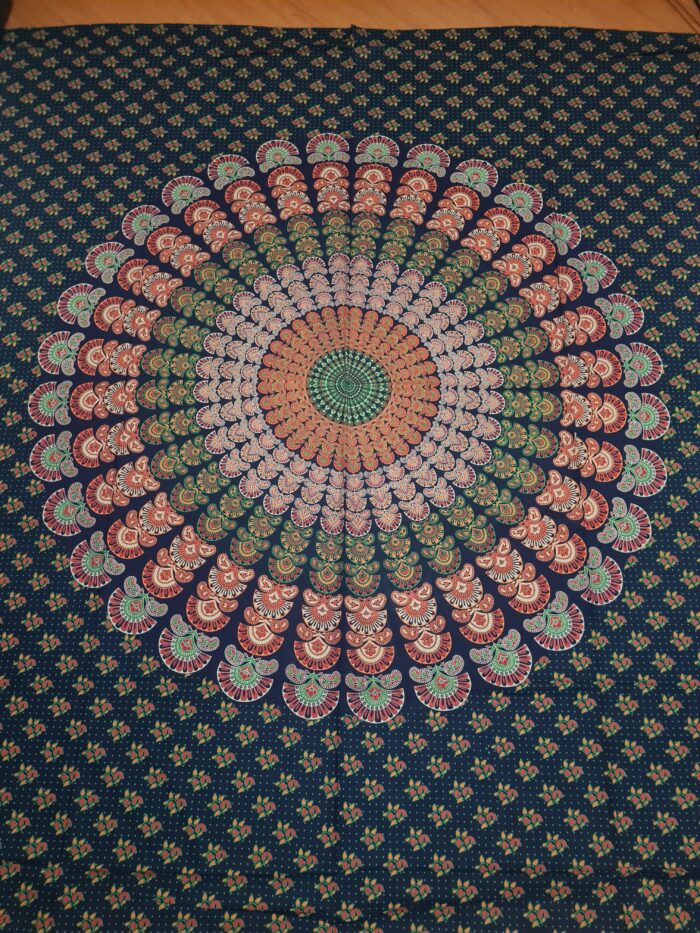 Panô indiano de algodão estampa de mandala marinho e laranja 2,40m