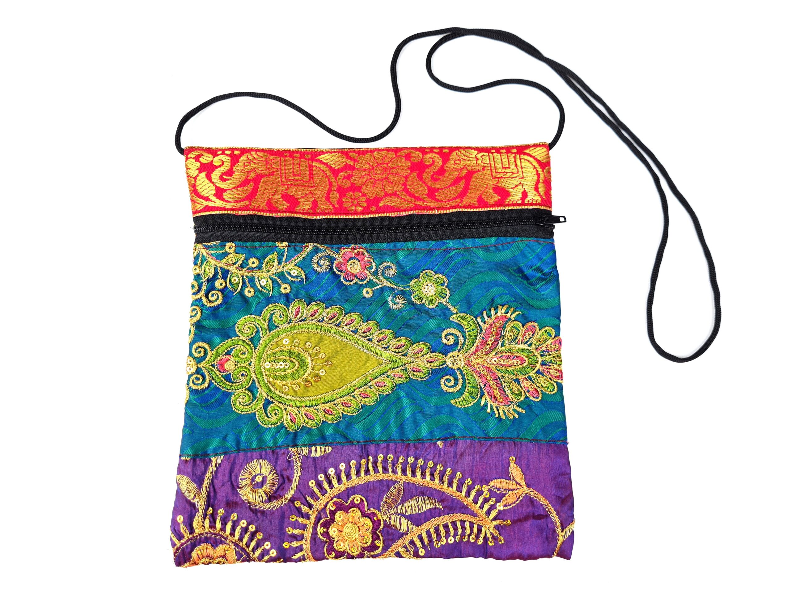 Bolsinha indiana multiuso de patchwork de saree azul e coloridos