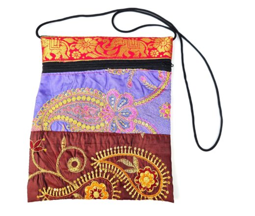Bolsinha indiana multiuso de patchwork de saree tons marrom lilás e color