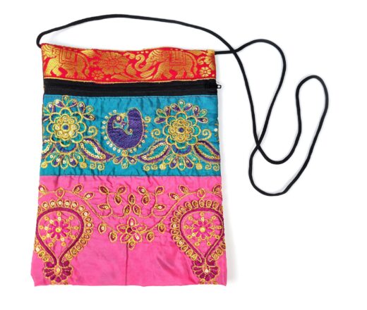 Bolsinha indiana multiuso de patchwork de saree rosa, azul claro e color