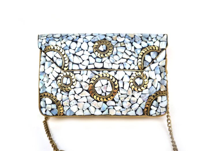 Bolsa indiana de metal mosaico de pedras naturais madrepérolas com dourado