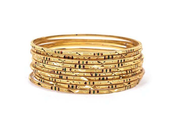 Conjunto de 10 pulseiras indianas douradas finas Rajastani Royale