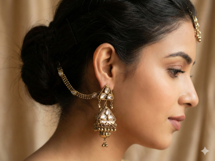 Brinco indiano Jhumka com correntes Sahara para prender ao cabelo