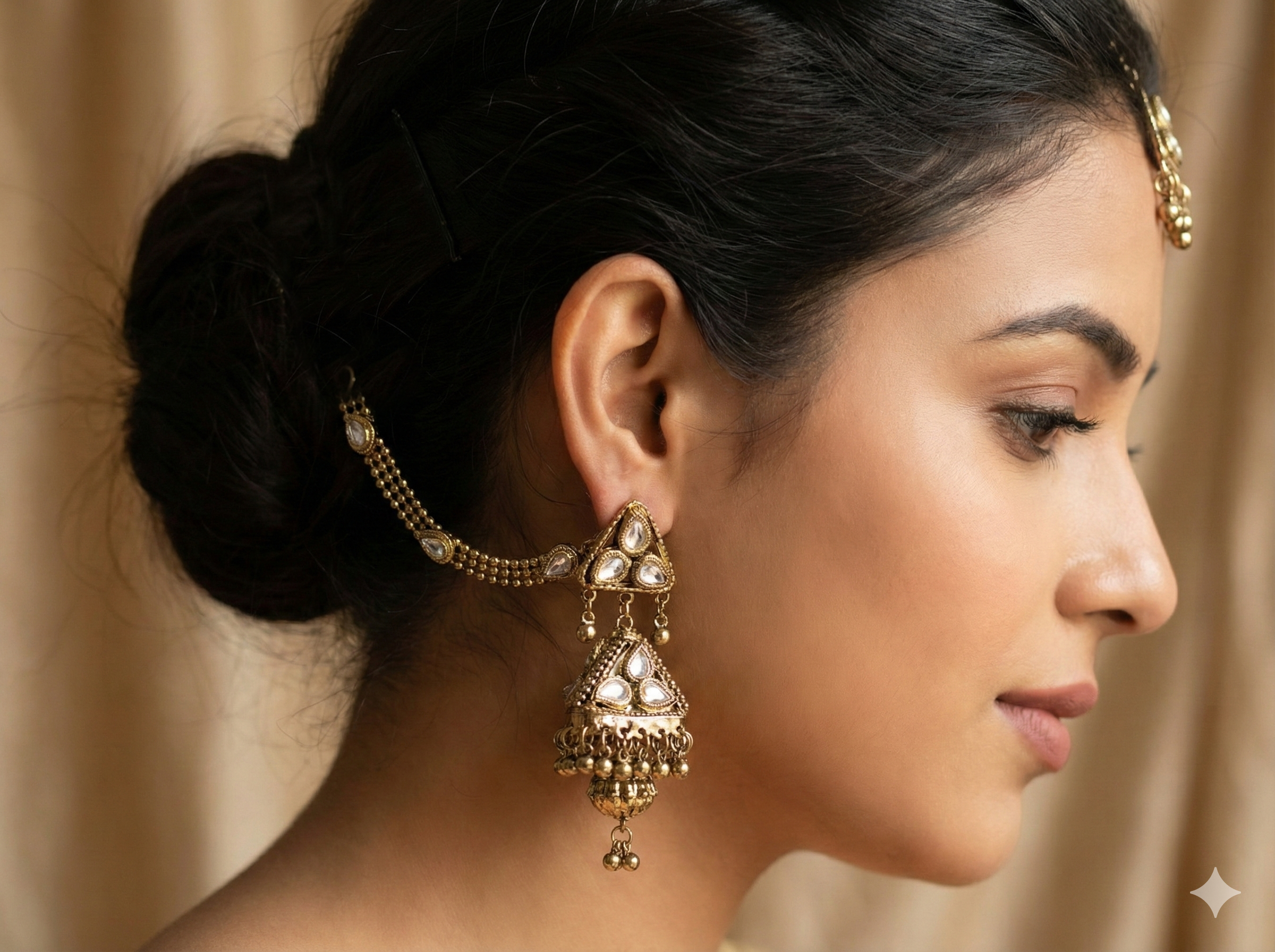 Brinco indiano Jhumka com correntes Sahara para prender ao cabelo
