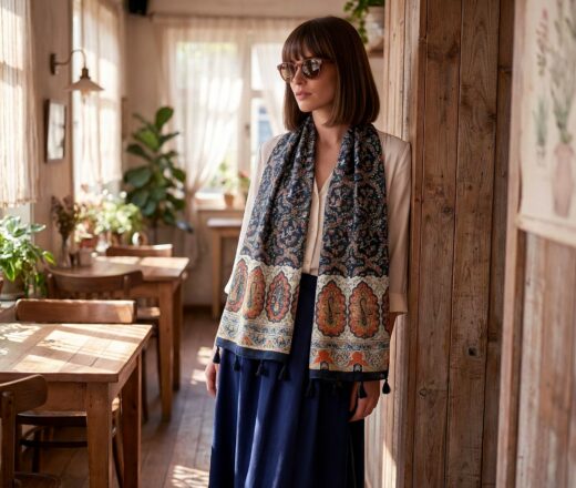 Echarpe indiana de viscose estampa clássica de florais diversos marinho e laranja