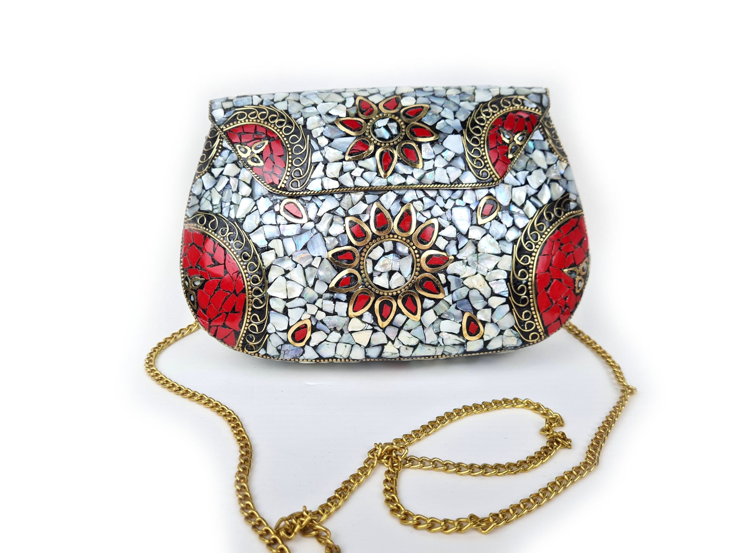 Bolsa indiana de metal mosaico de pedras naturais madrepérolas com vermelho