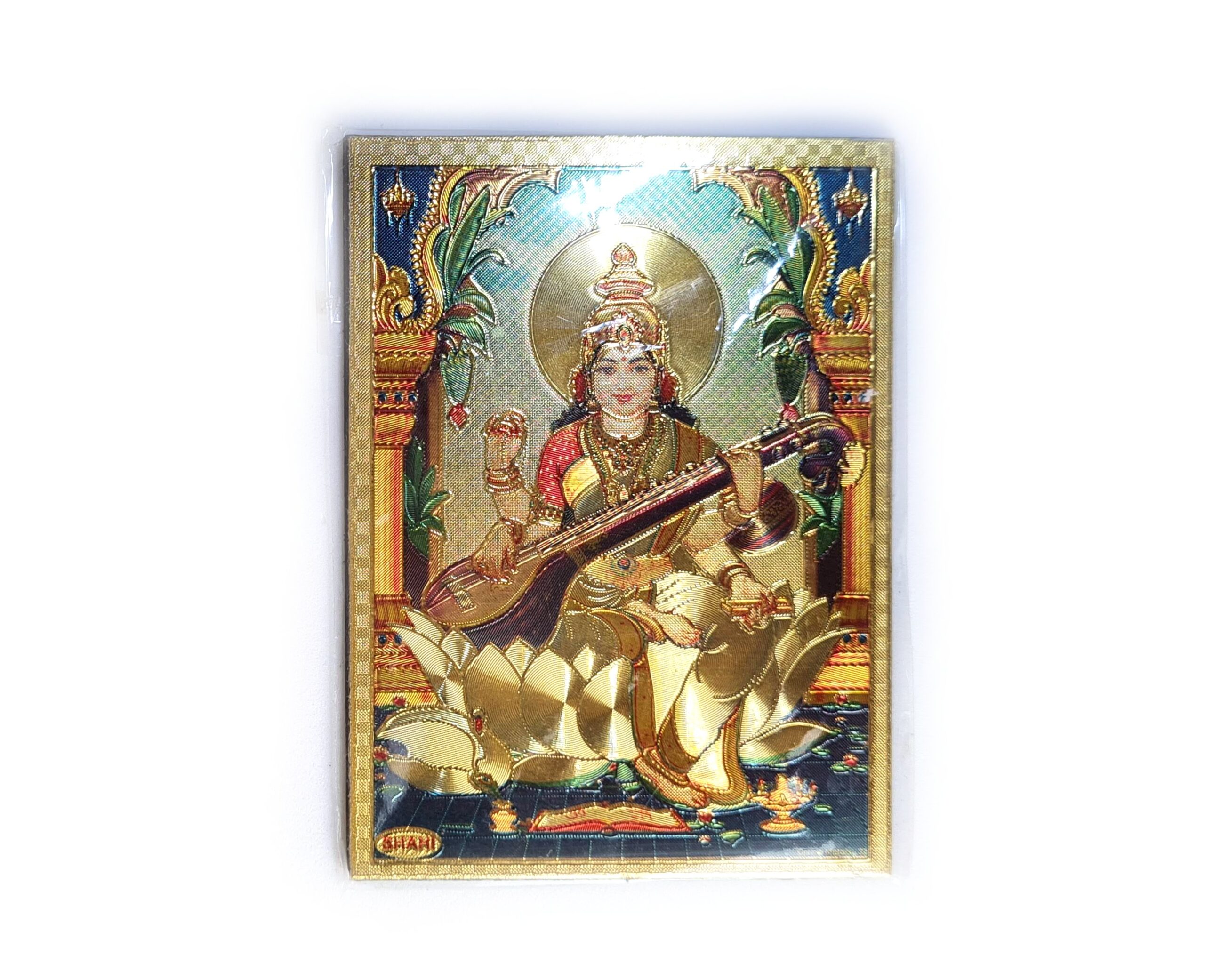 Ímã de geladeira dourado da Deusa Saraswati na Flor de Lótus