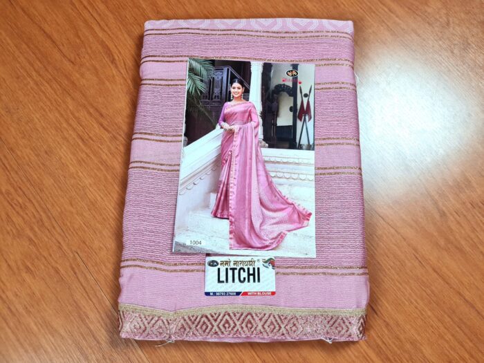 Sari indiano viscose com estampa étnica rosa com dourado