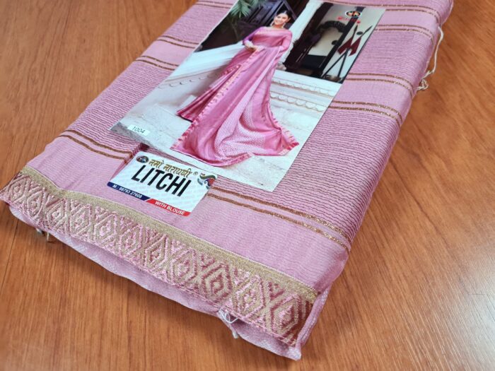 Sari indiano viscose com estampa étnica rosa com dourado