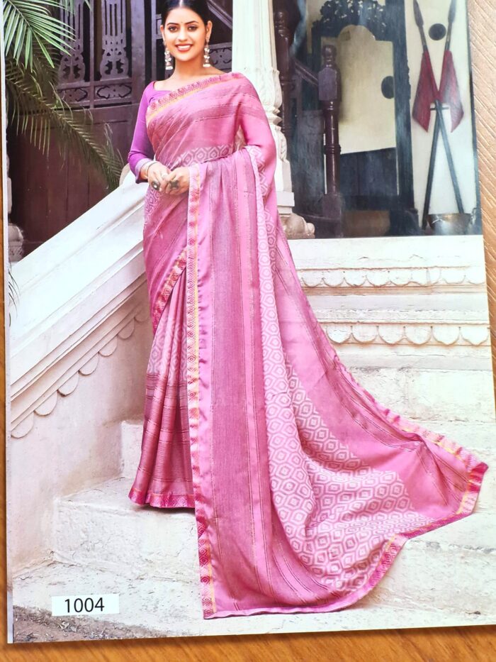 Sari indiano viscose com estampa étnica rosa com dourado