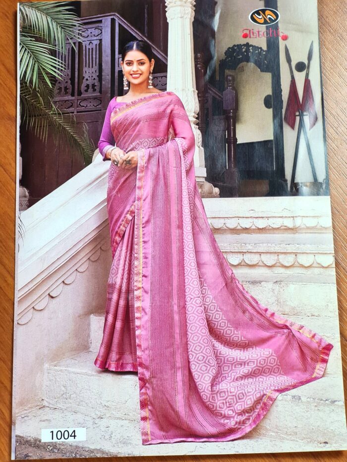 Sari indiano viscose com estampa étnica rosa com dourado