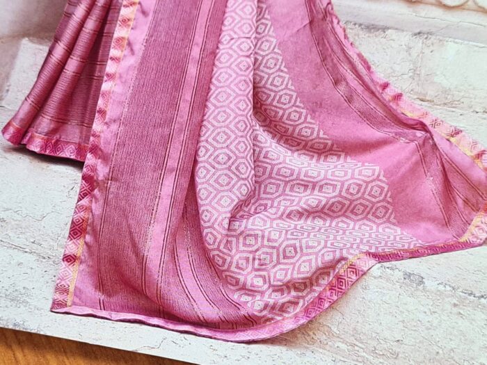 Sari indiano viscose com estampa étnica rosa com dourado